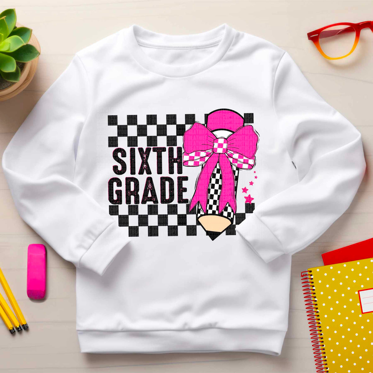 Sixth grade checkered pencil pink bow 41653 DTF transfer