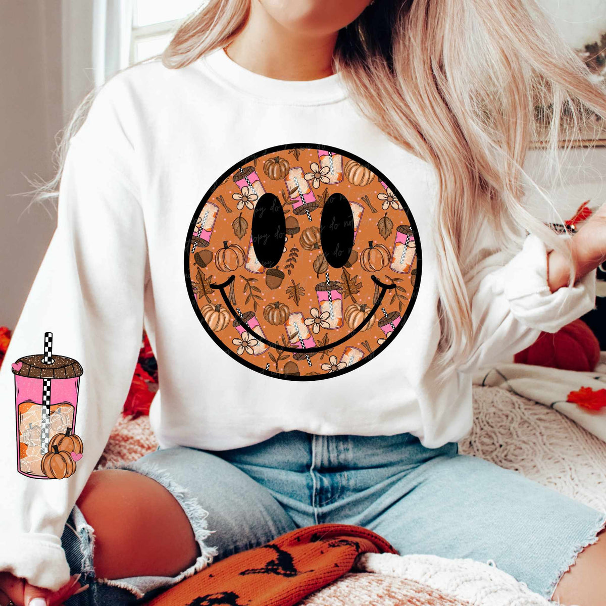 Fall filled happy face pink lattes BLACK EYES FRONT (VIRGO) 39953 DTF Transfer