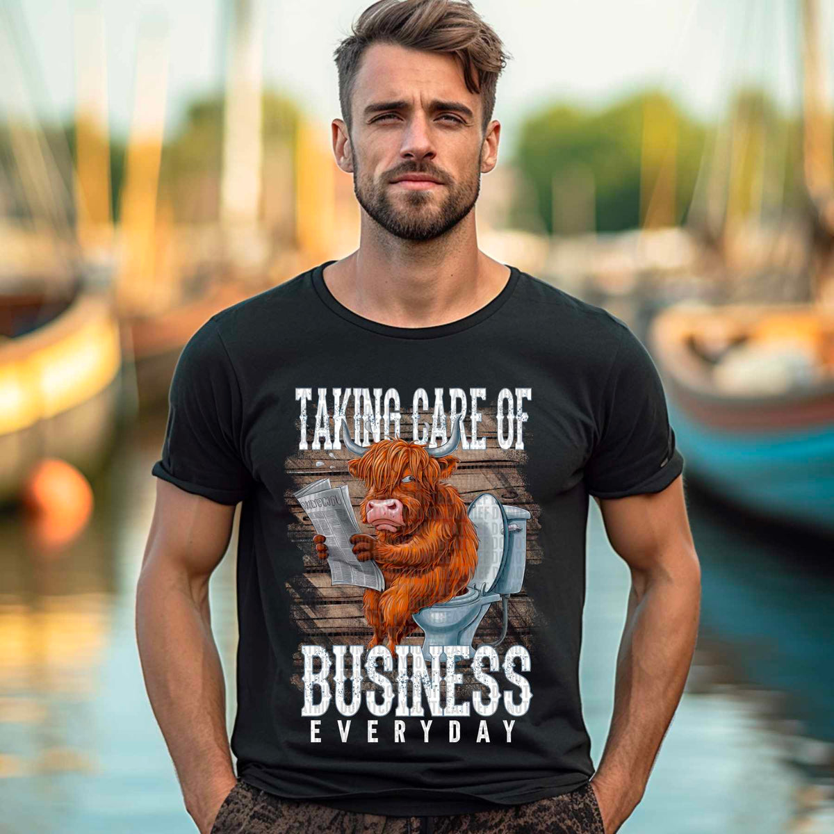 Taking care of business everyday shaggy cow white font 41588 DTF transfer
