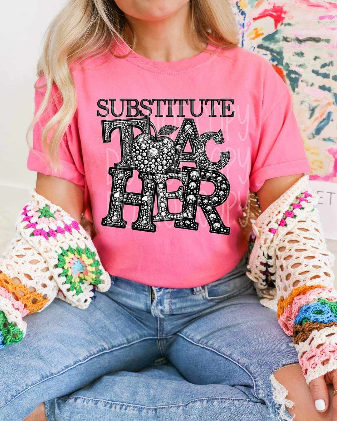 Substitute teacher rhinestone 41128 DTF transfer