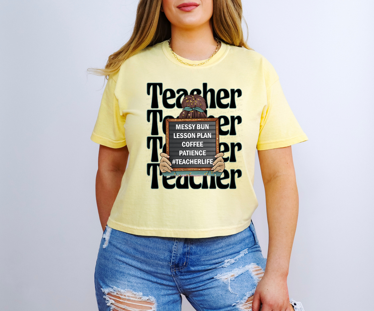 Messy Bun Lesson Plan Coffee Patience Teacher Life Stacked Red Hair 115926 DTF Transfer