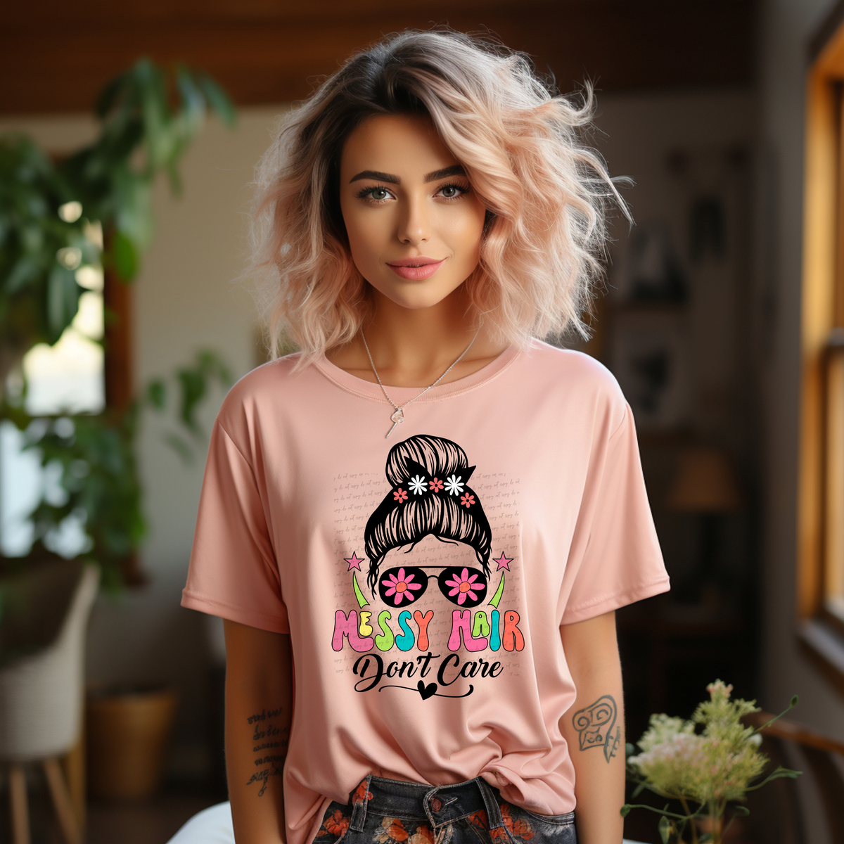 Messy Hair Don't Care Floral Shades 76597 DTF Transfer