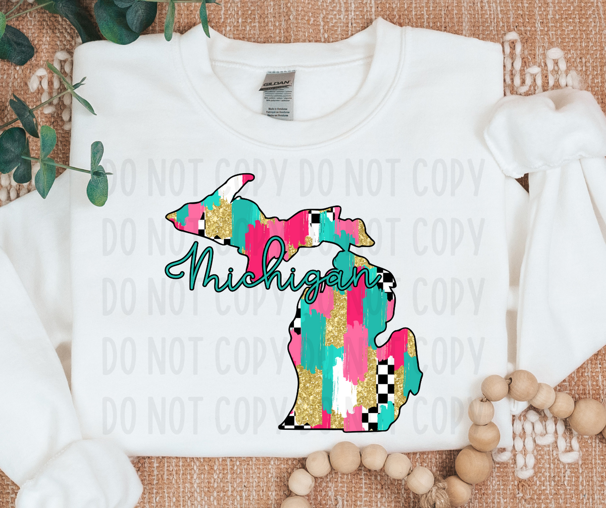 Michigan Brushstroke Checkered State (canvista) DTF transfer