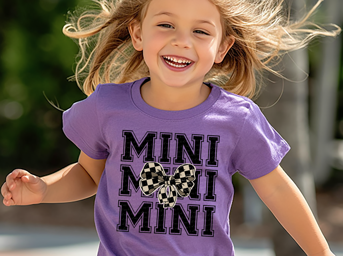 Mini Stacked Varsity Font Checkered Bow 86589 DTF Transfer