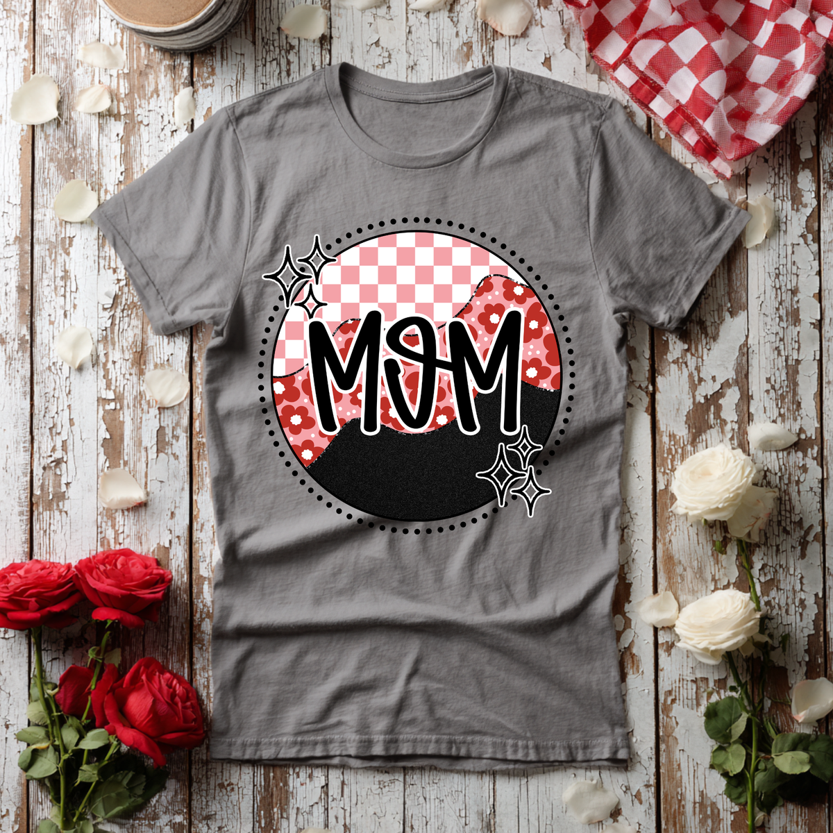 Mom pink checkered circle with faux glitter (Revel) DTF Transfer