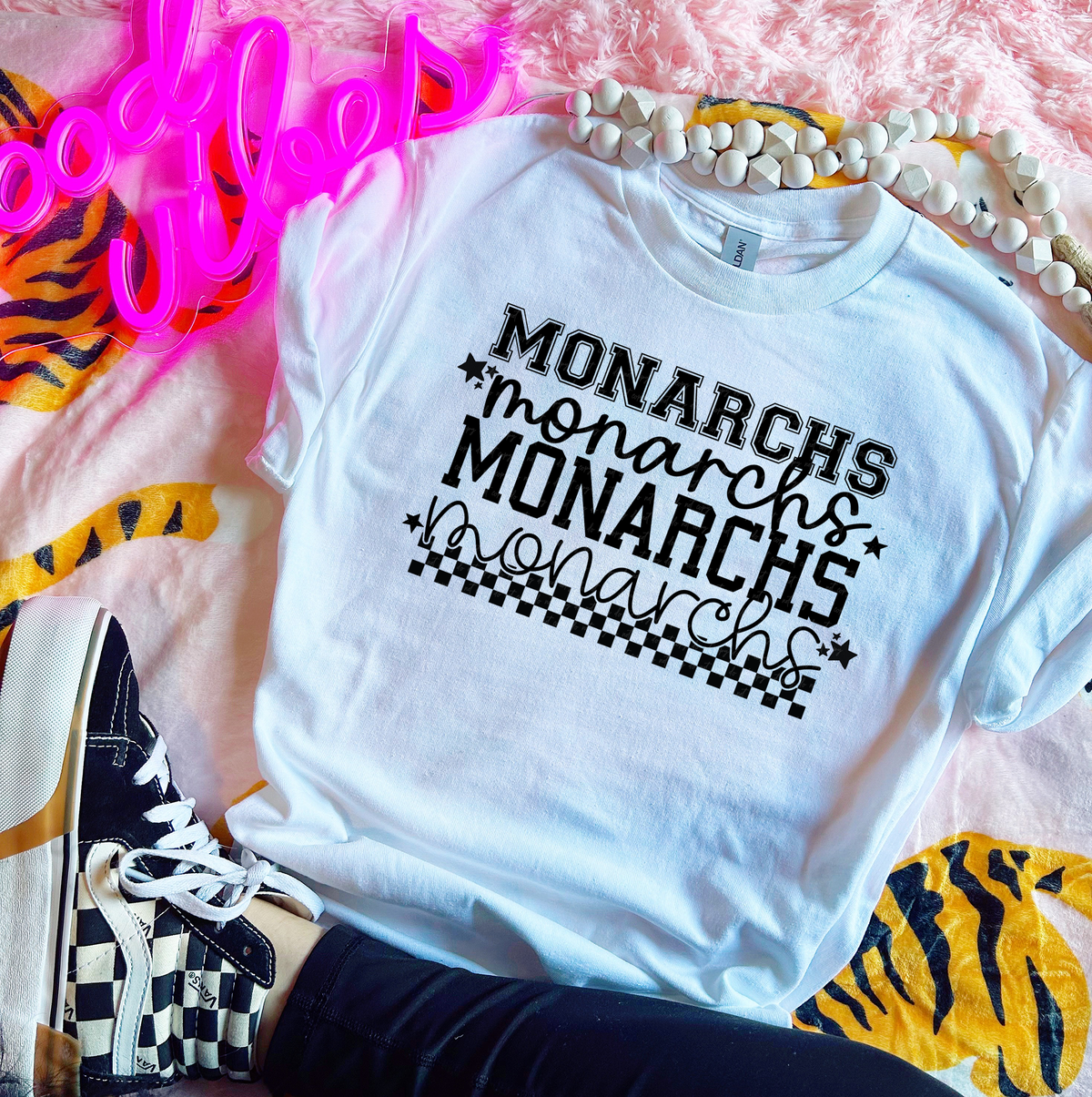 Monarchs Varsity And Cursive Font Checkers Black 86627 DTF Transfer