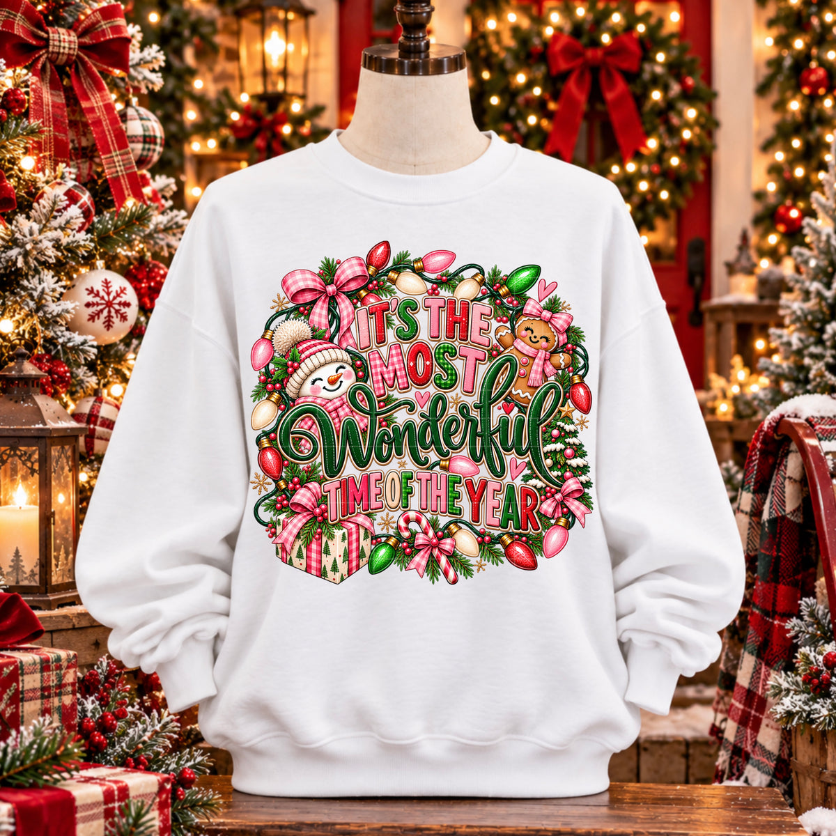 It's the most wonderful time of the year snowman and gingerbread wrapped in Christmas lights (SDD) DTF Transfer