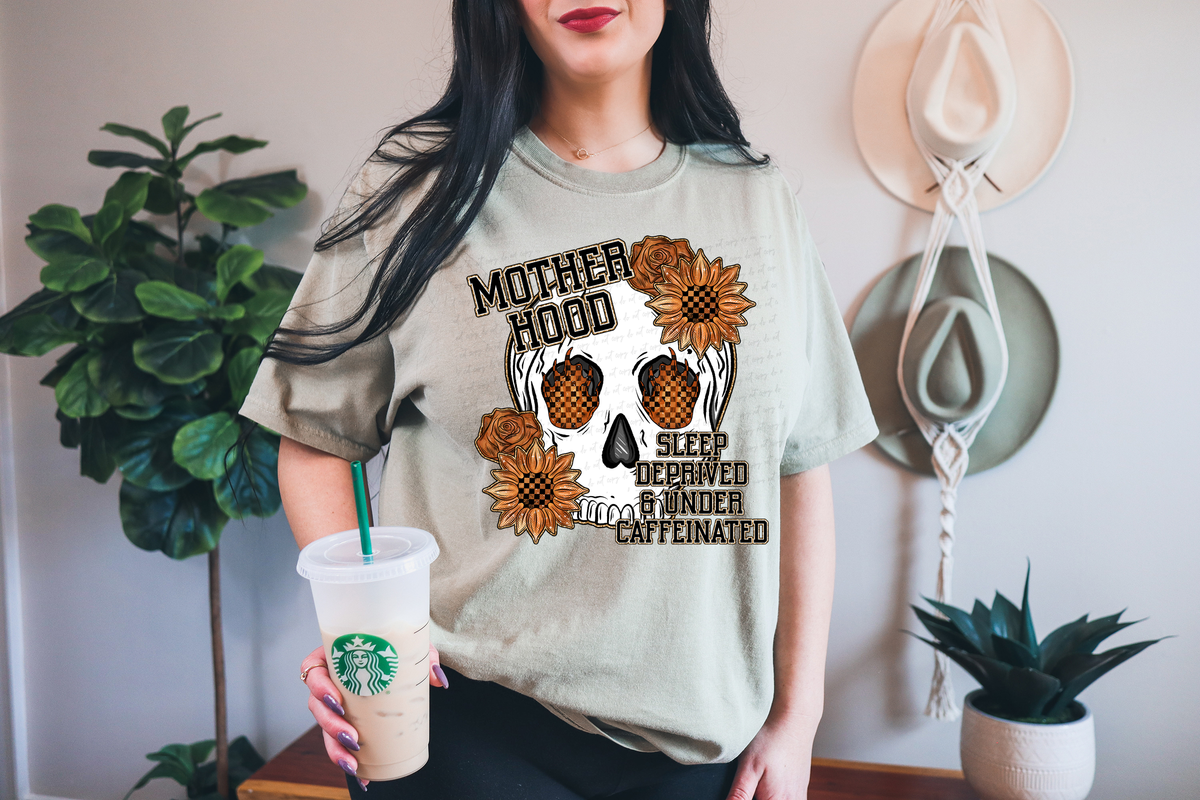 Motherhood Sleep Deprived and Under Caffeinated Floral Skull 117700 DTF transfer