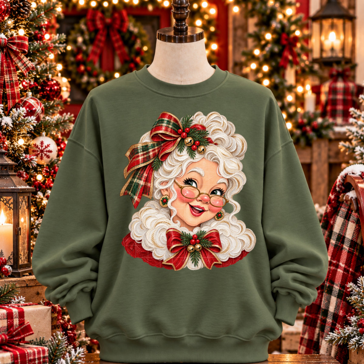 Blushing Mrs. Clause red and green plaid bow (SDD) DTF Transfer