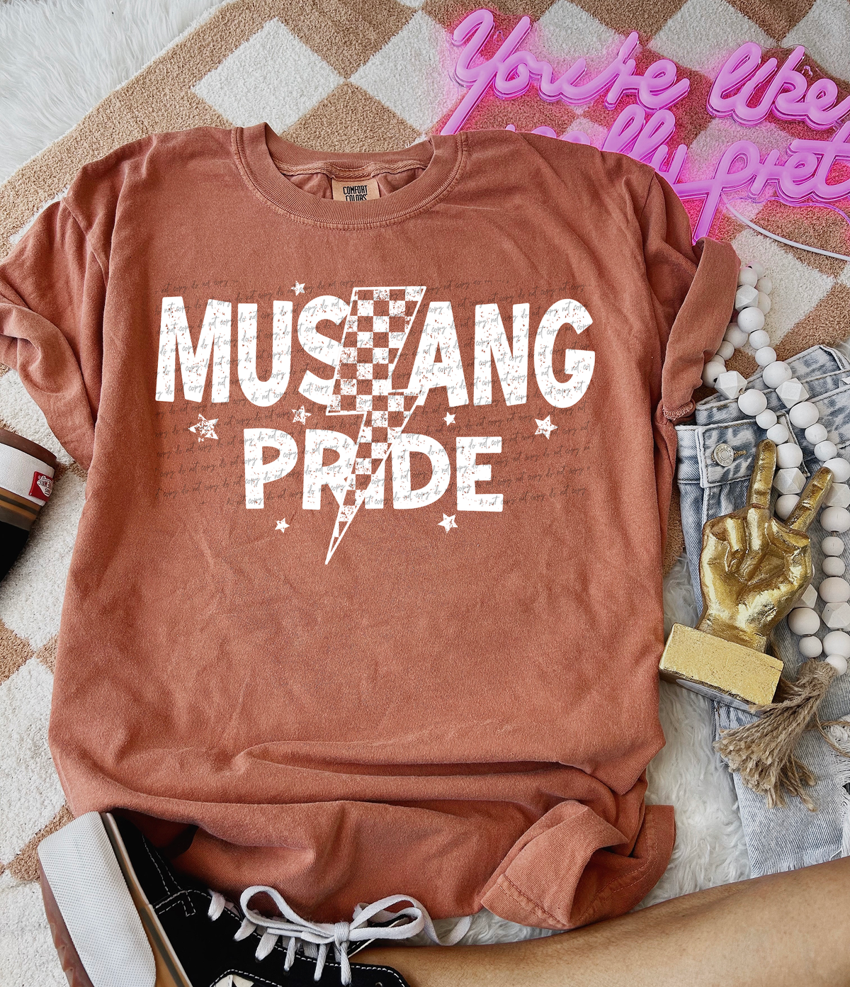 Mustang Pride Checkered Lightning Bolt White 89063 DTF Transfer