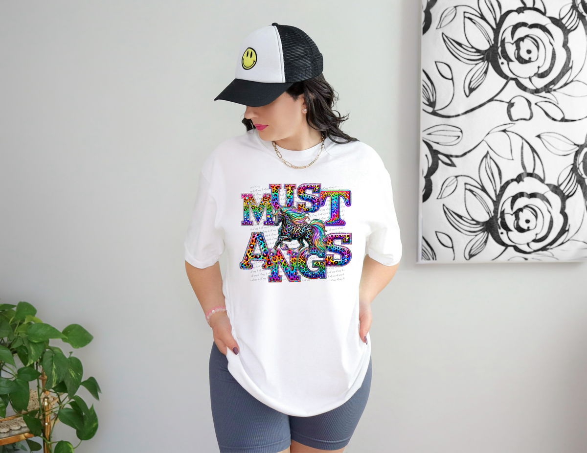 Mustangs Mascots Mascots Rhinestone Leopard Rainbow 42896 DTF transfer