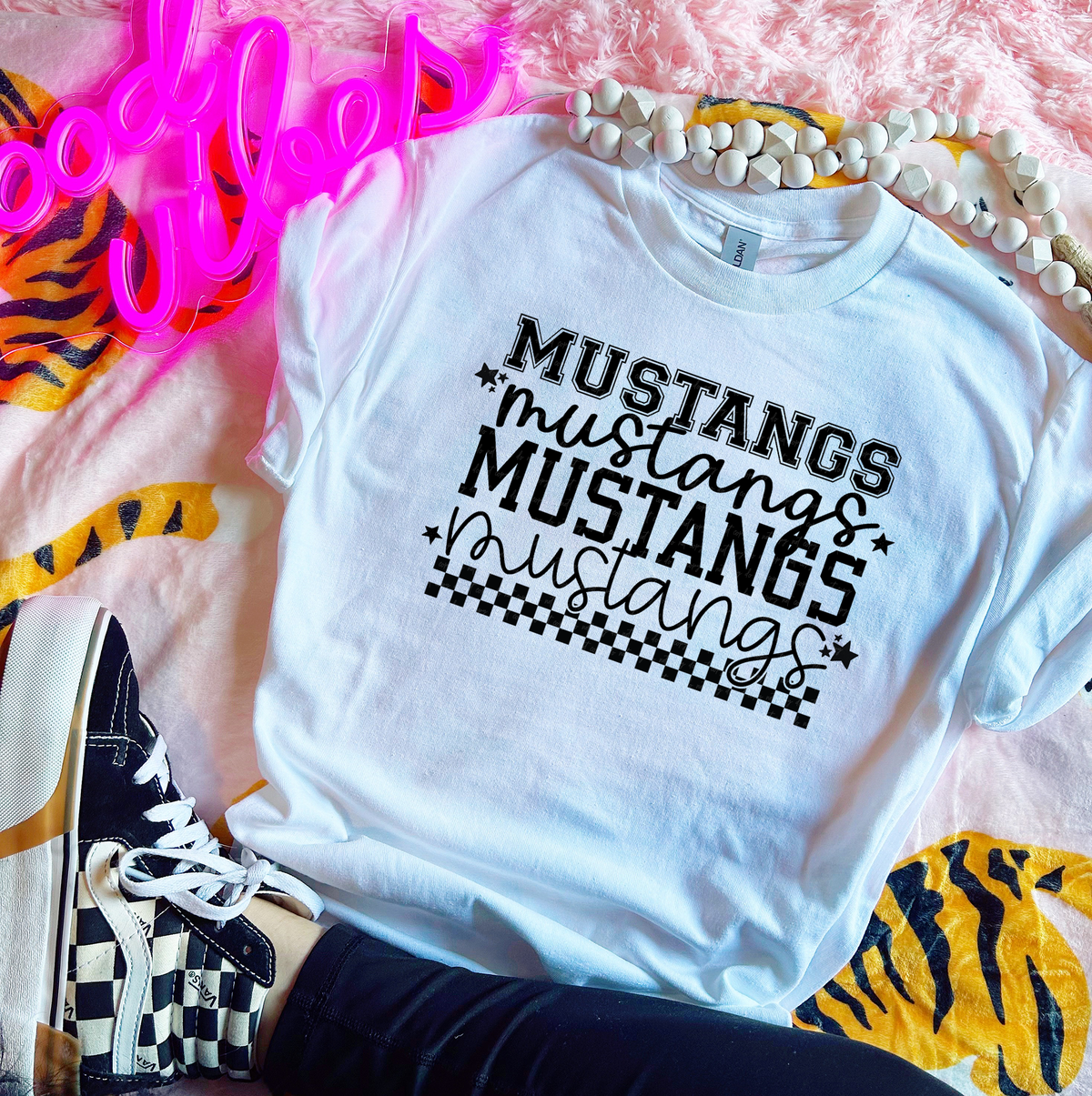 Mustangs Varsity And Cursive Font Checkers Black 86628 DTF Transfer