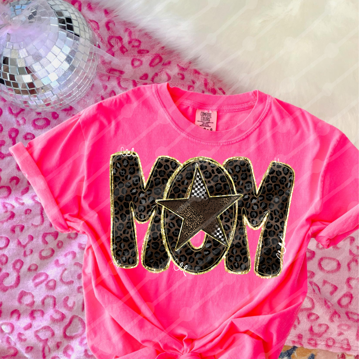 Mom leopard filled faux glitter outline (JBD) DTF Transfer