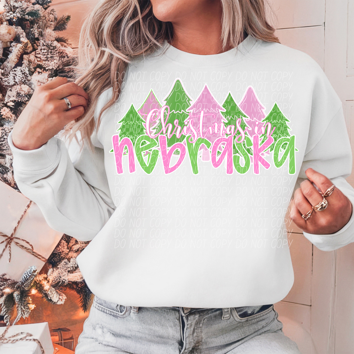 Christmas In Nebraska Green Pink White Outline 74303 DTF Transfer