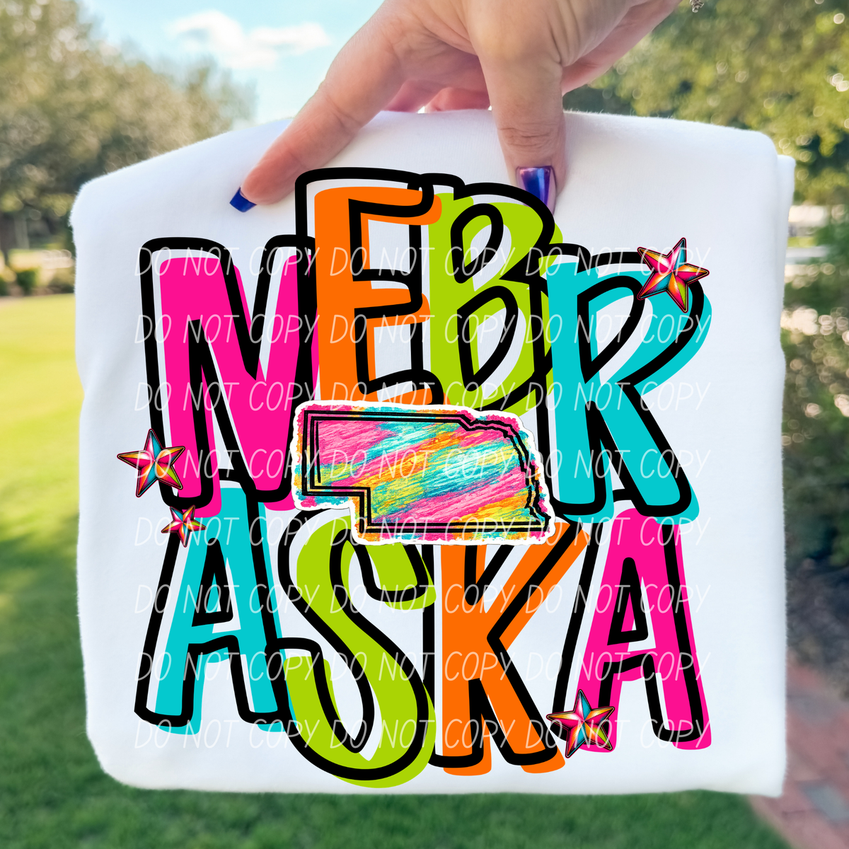 nebraska neon rainbow stacked font (city) DTF Transfer