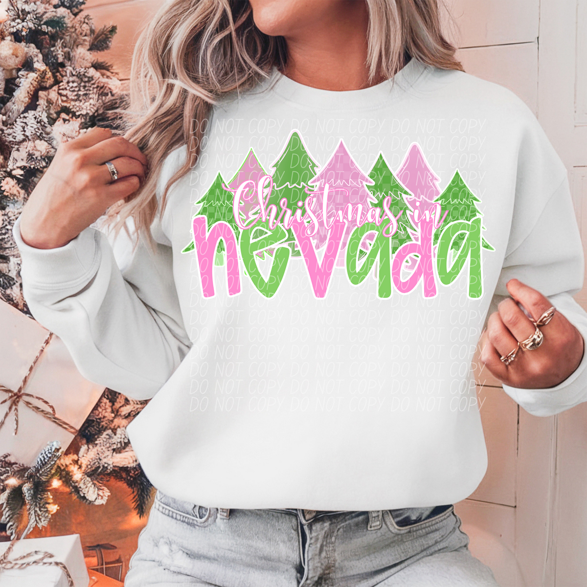 Christmas In Nevada Green Pink White Outline 74305 DTF Transfer