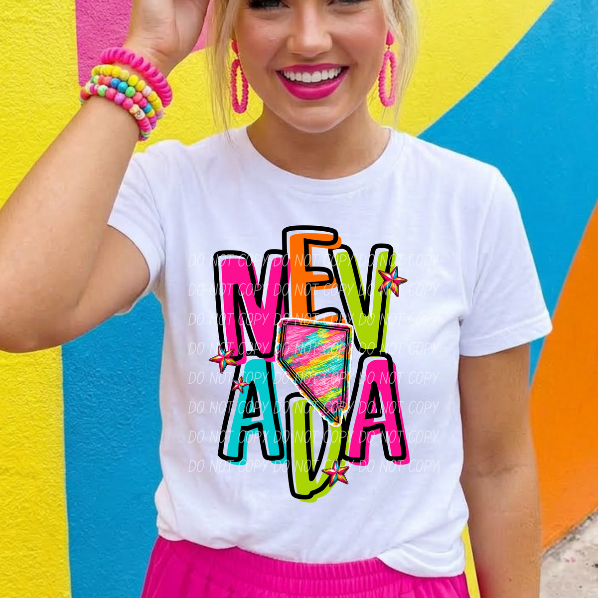 nevada neon rainbow stacked font (city) DTF transfer