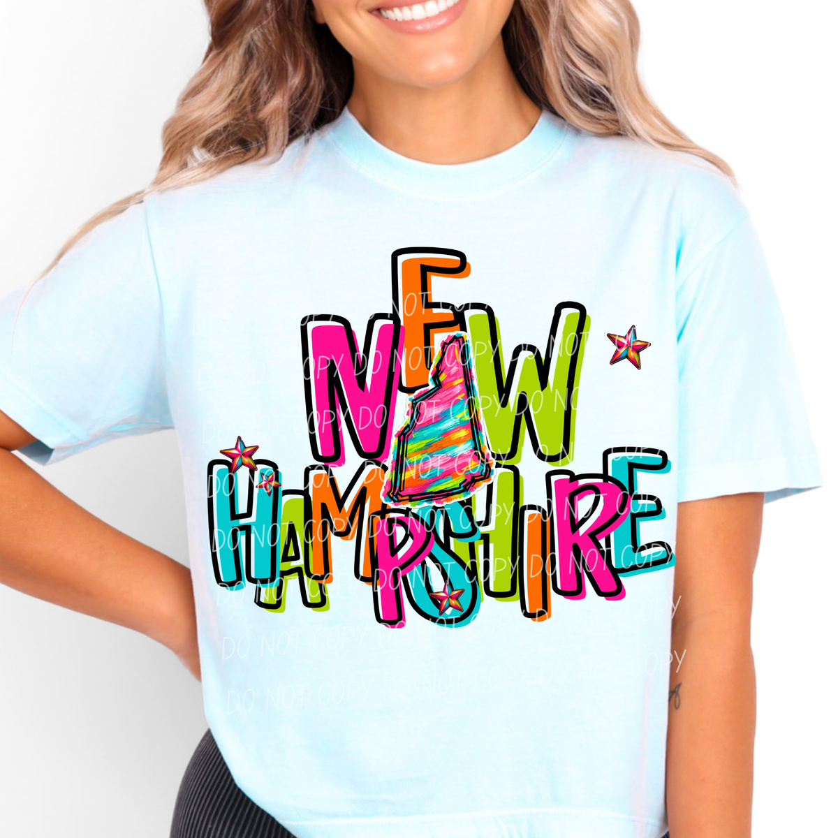 new hampshire neon rainbow stacked font (city) DTF Transfer