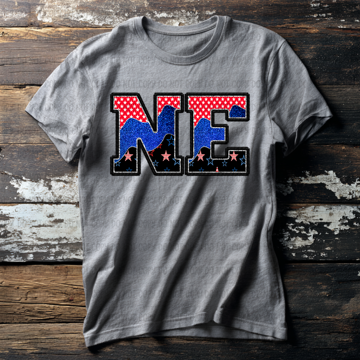 NE (red blue and black filled) (Revel) DTF Transfer