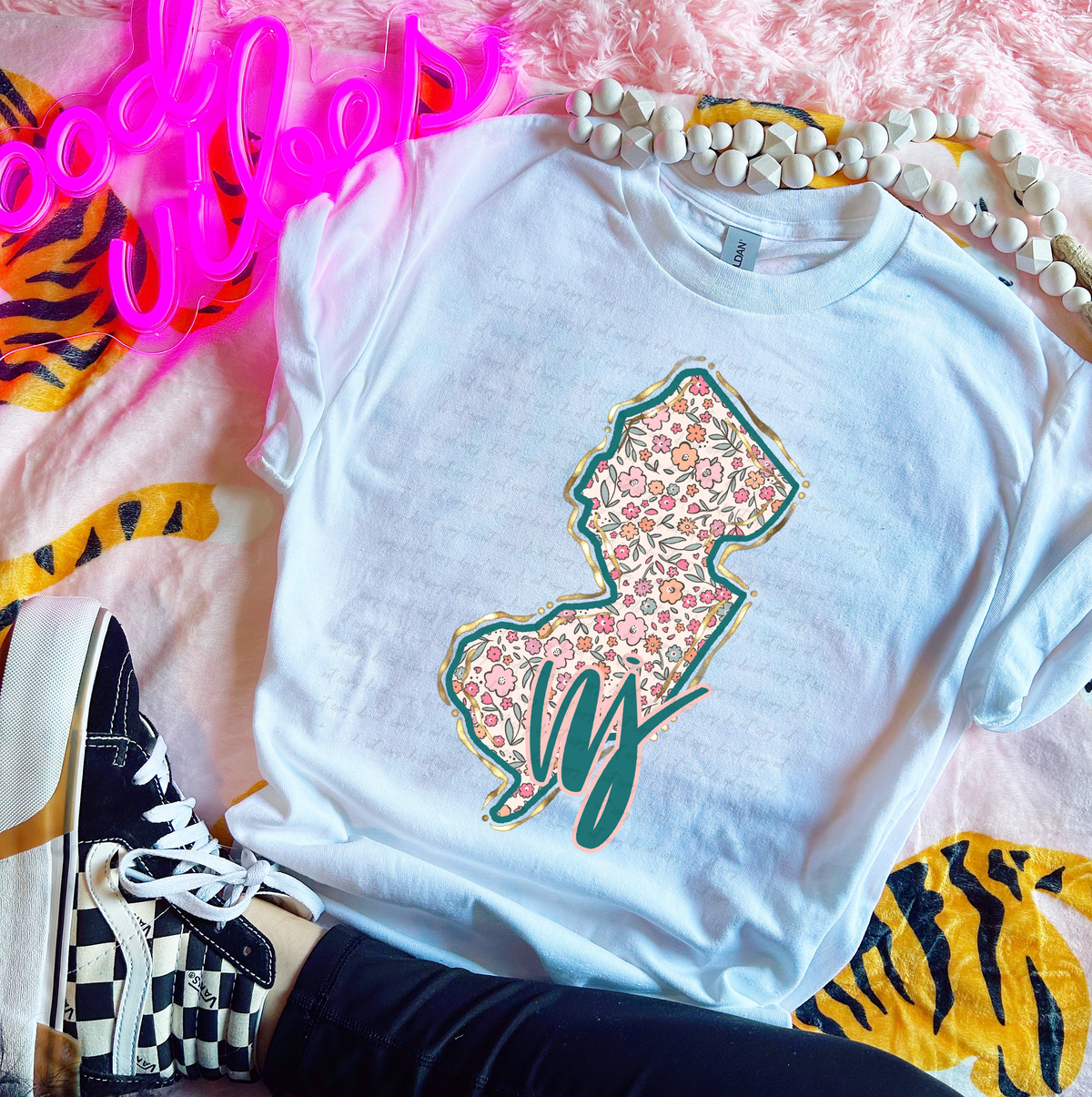 NJ New Jersey Floral State Gold Outline 110076 DTF transfer