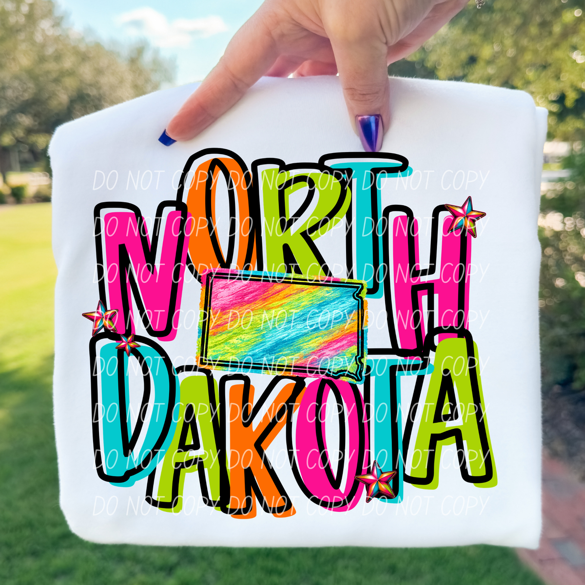 north dakota neon rainbow stacked font (city) DTF transfer