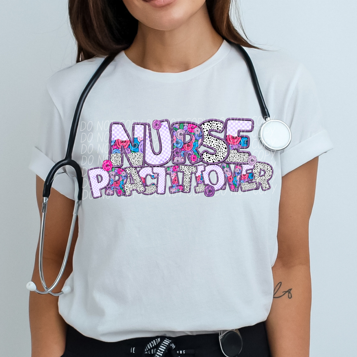 Nurse Practitioner Floral Purple Checkered (CITY) DTF transfer