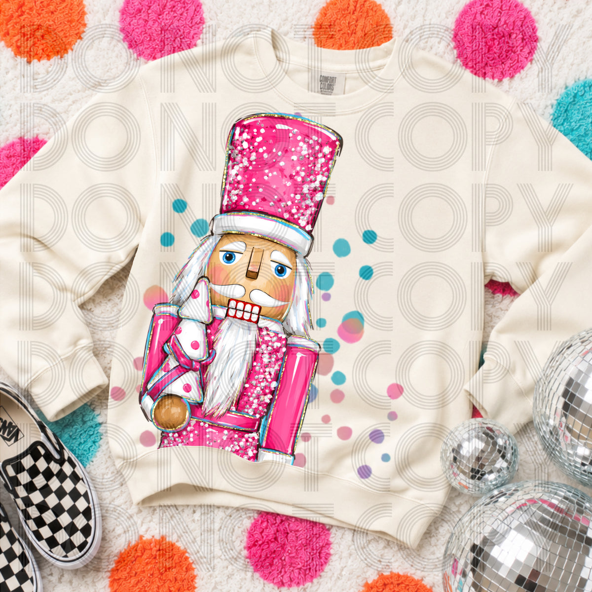 Pink nutcracker holding faux wooden Christmas tree (Renewed) DTF Transfer