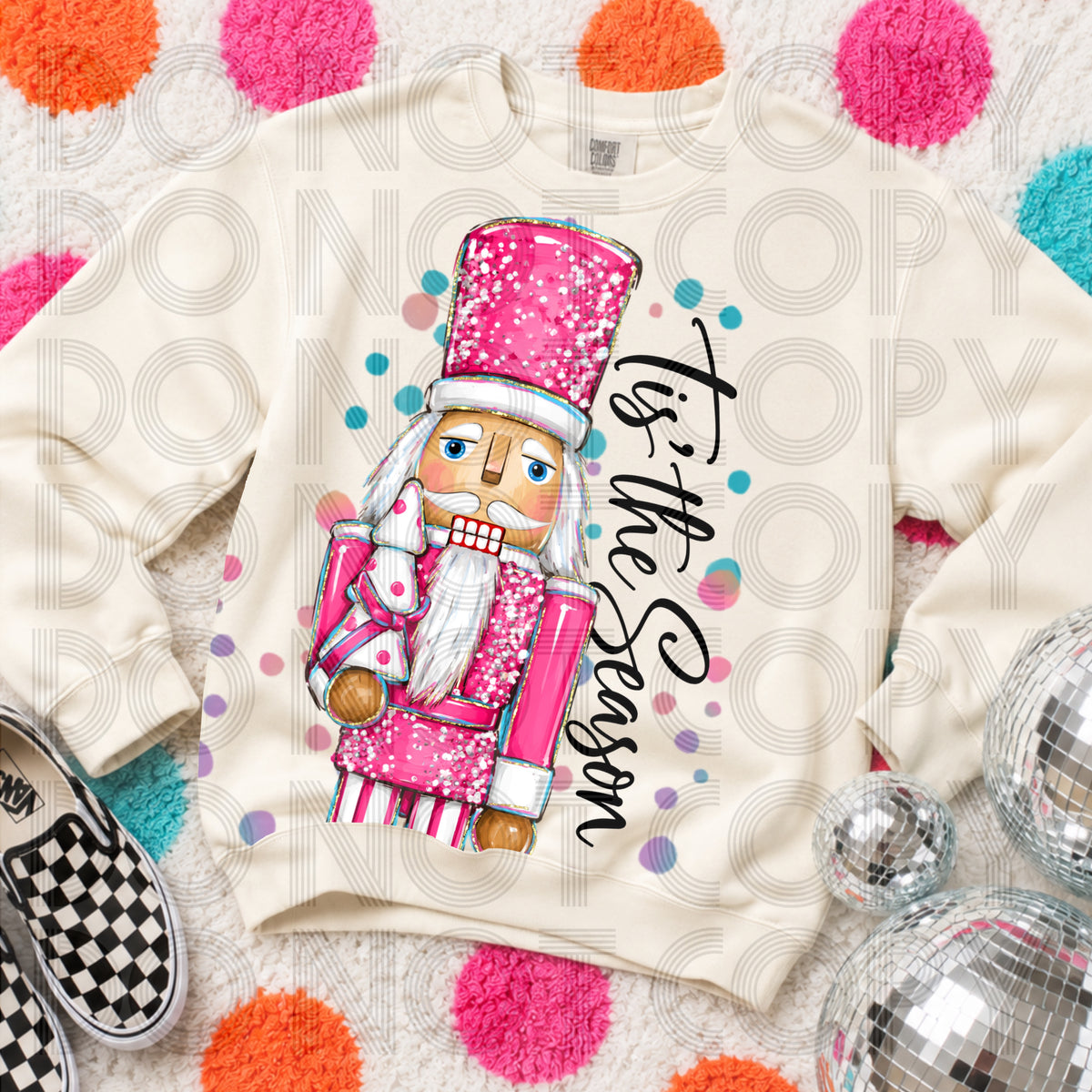 Tis the season pink nutcracker holding faux wooden Christmas tree (Renewed) DTF Transfer