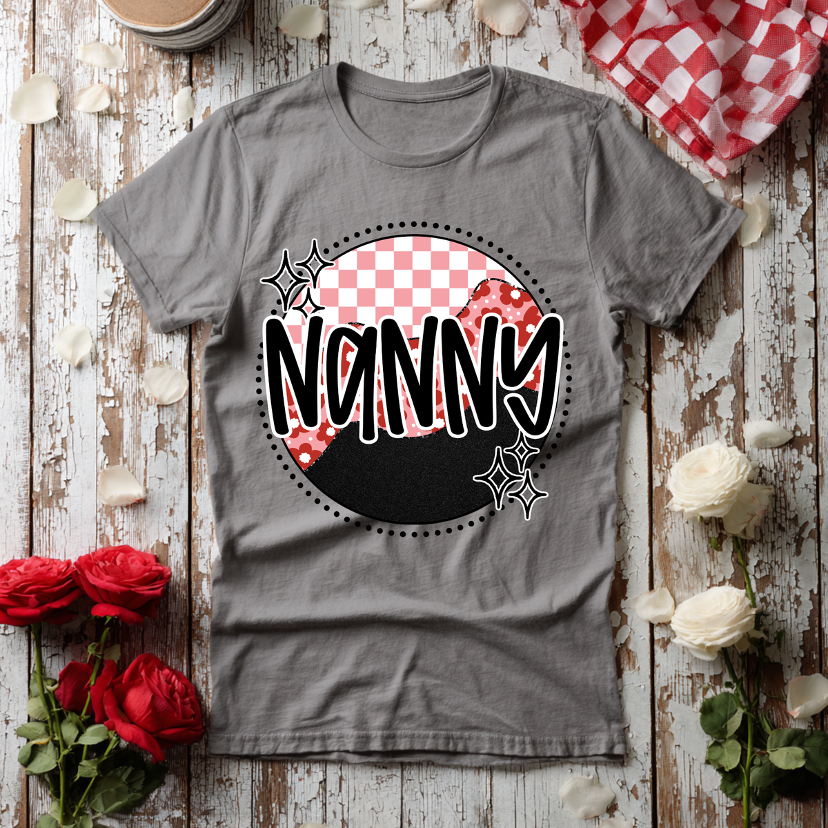 Nanny pink checkered circle with faux glitter (Revel) DTF Transfer