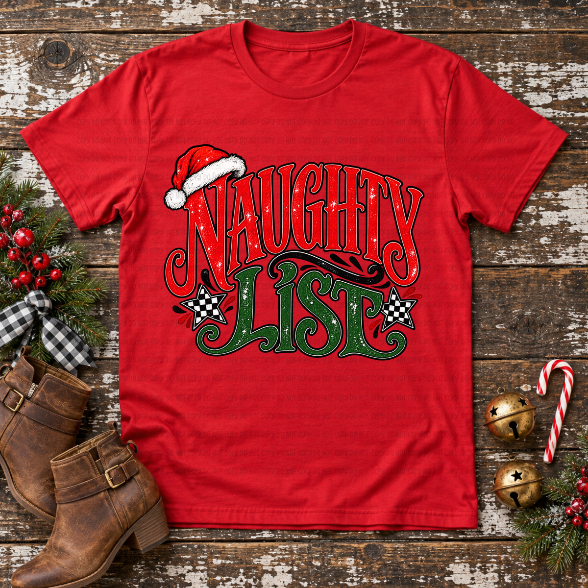 Naughty list black and white checkered stars with Santa hat (Revel) DTF
