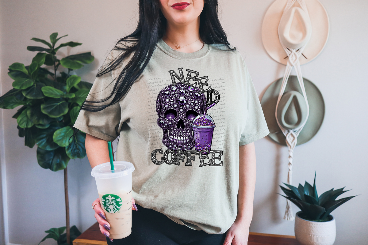 Need Coffee Rhinestones Skull 51942 DTF transfer