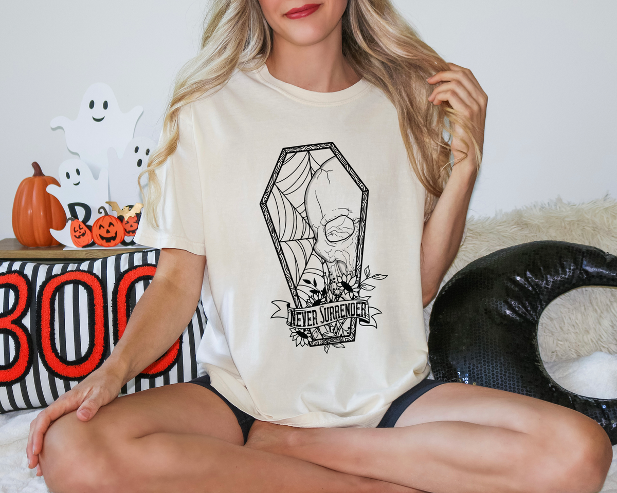 Never Surrender Coffin Spider Web Black Outline 115932 DTF Transfer