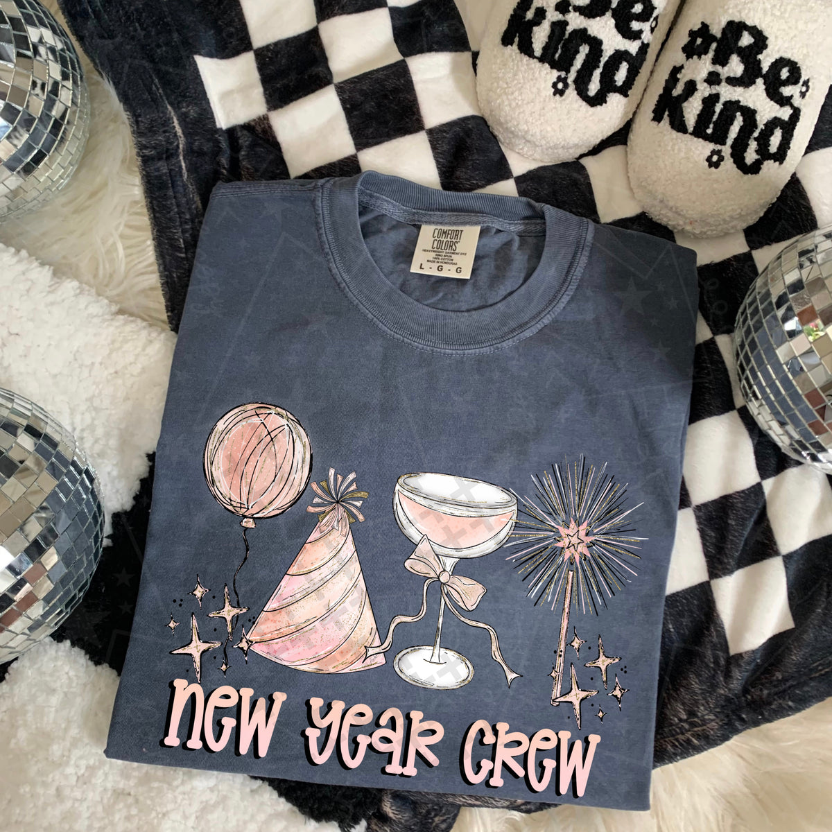 New year crew balloon party hat sparkler and champagne glass pink (HW) DTF Transfer