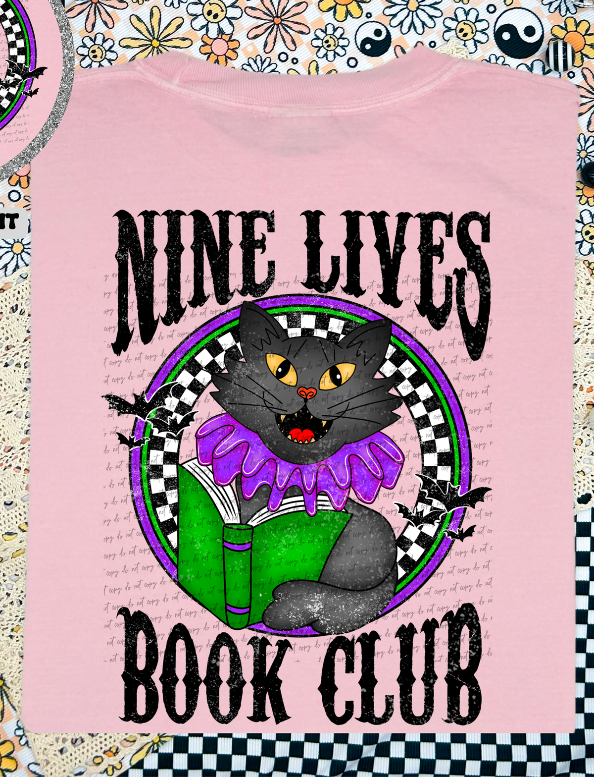 Nine Lives Book Club Purple Black Cat (Back Print) 46318 DTF transfer