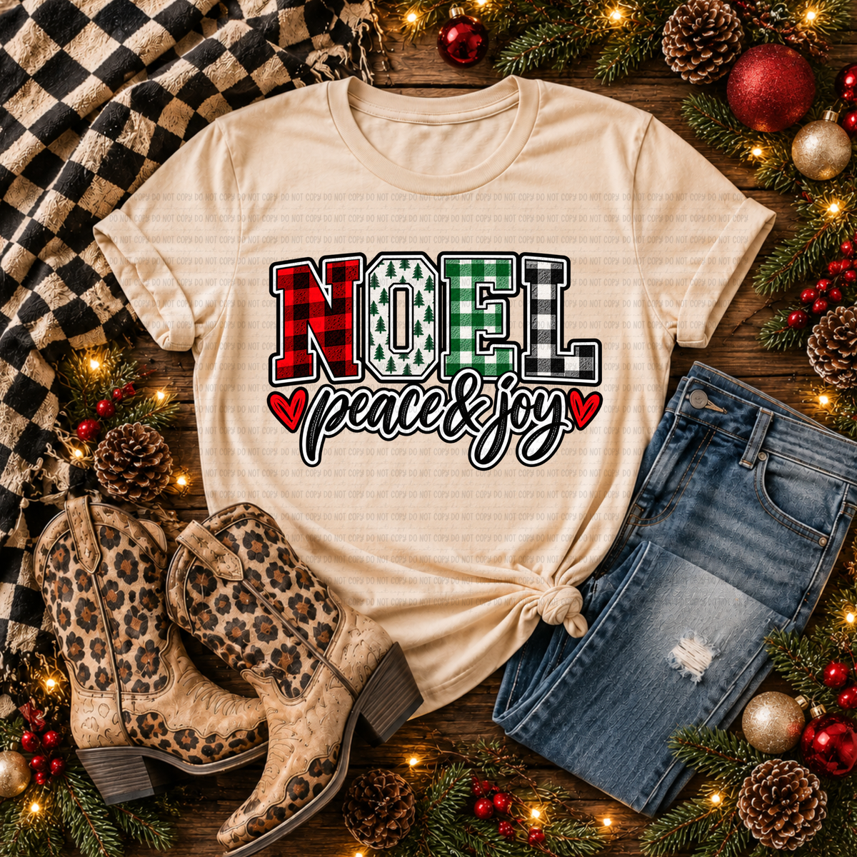 NOEL- Peace & Joy-Plaid and Tree Font (Revel) DTF Transfer
