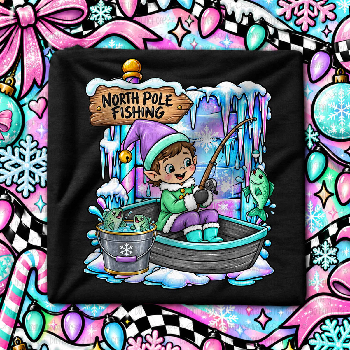 North pole fishing- elf in boat-purple colors (RRD) DTF Transfer