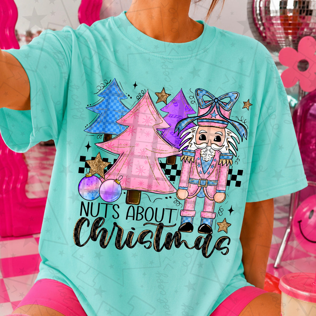 Nuts about Christmas blue pink and purple trees with nutcracker and blue bow (HW) DTF Transfer