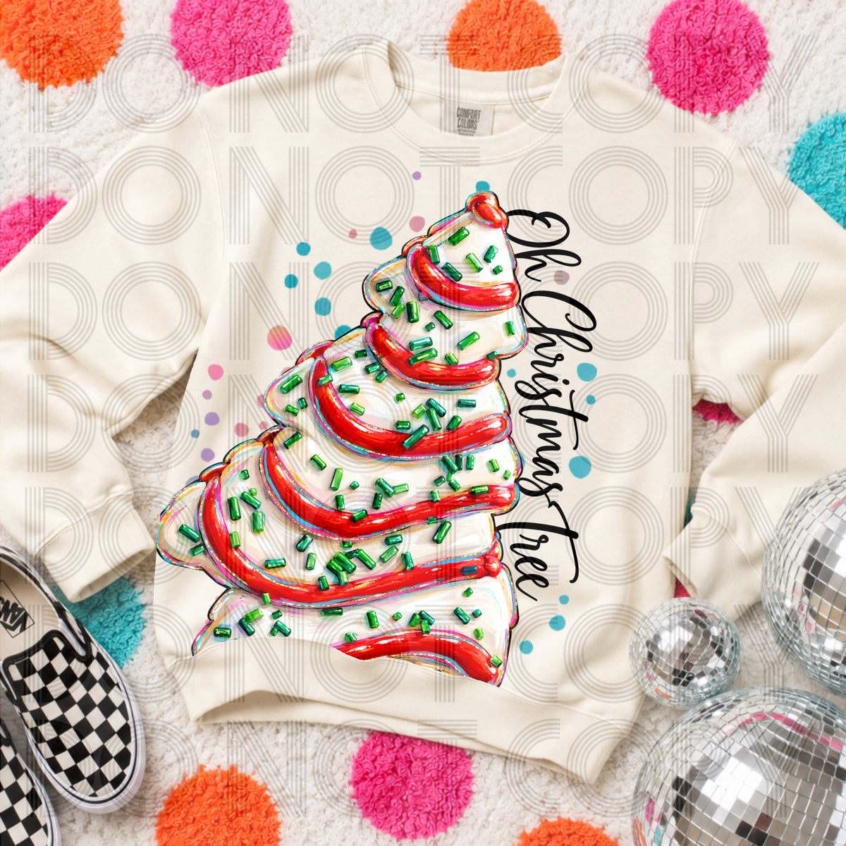 Oh Christmas tree cake with red icing and green sprinkles (Renewed) DTF Transfer