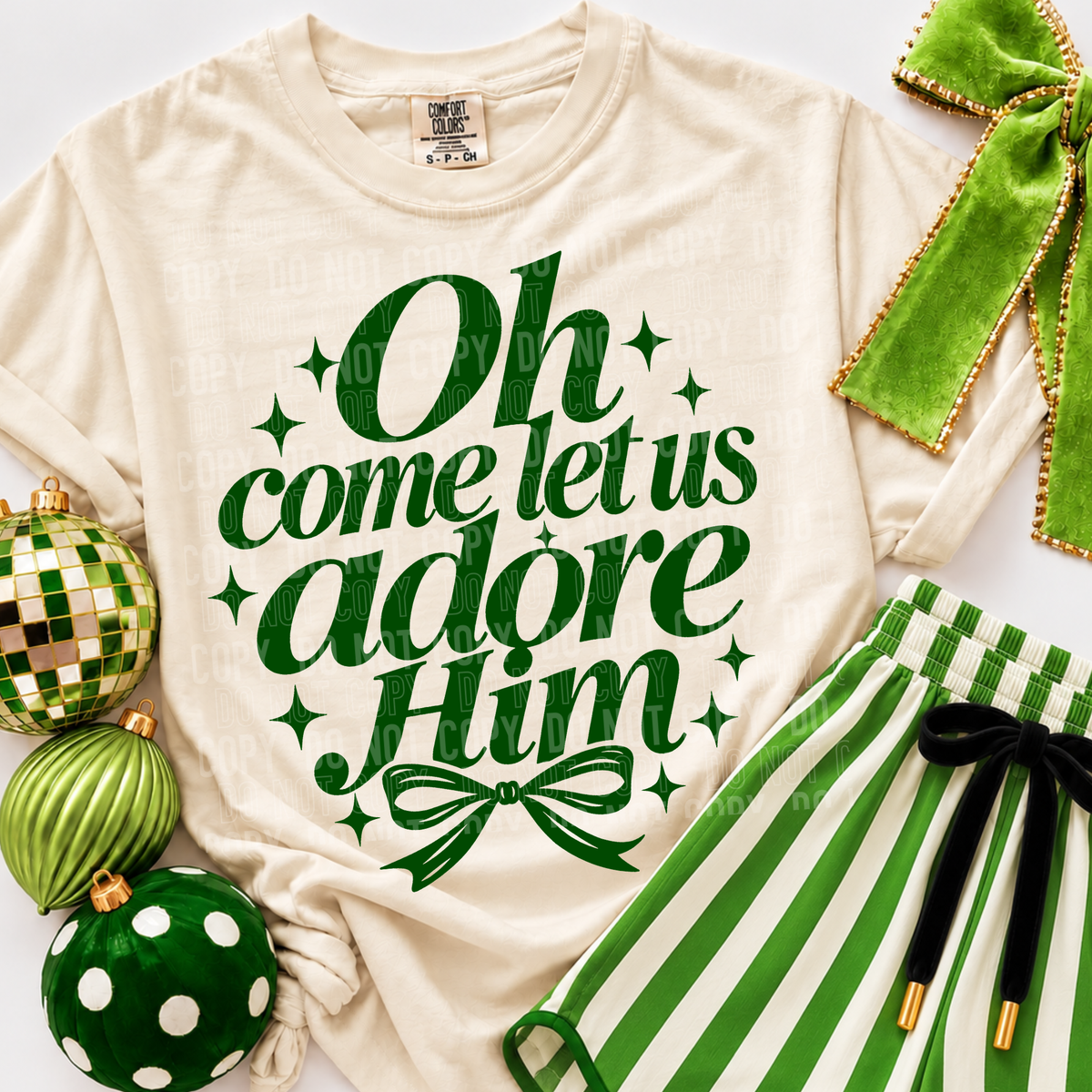 Oh come let us adore him green bow and stars (SBB) DTF Transfer