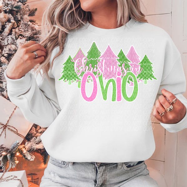 Christmas In Ohio Green Pink White Outline 74319 DTF Transfer