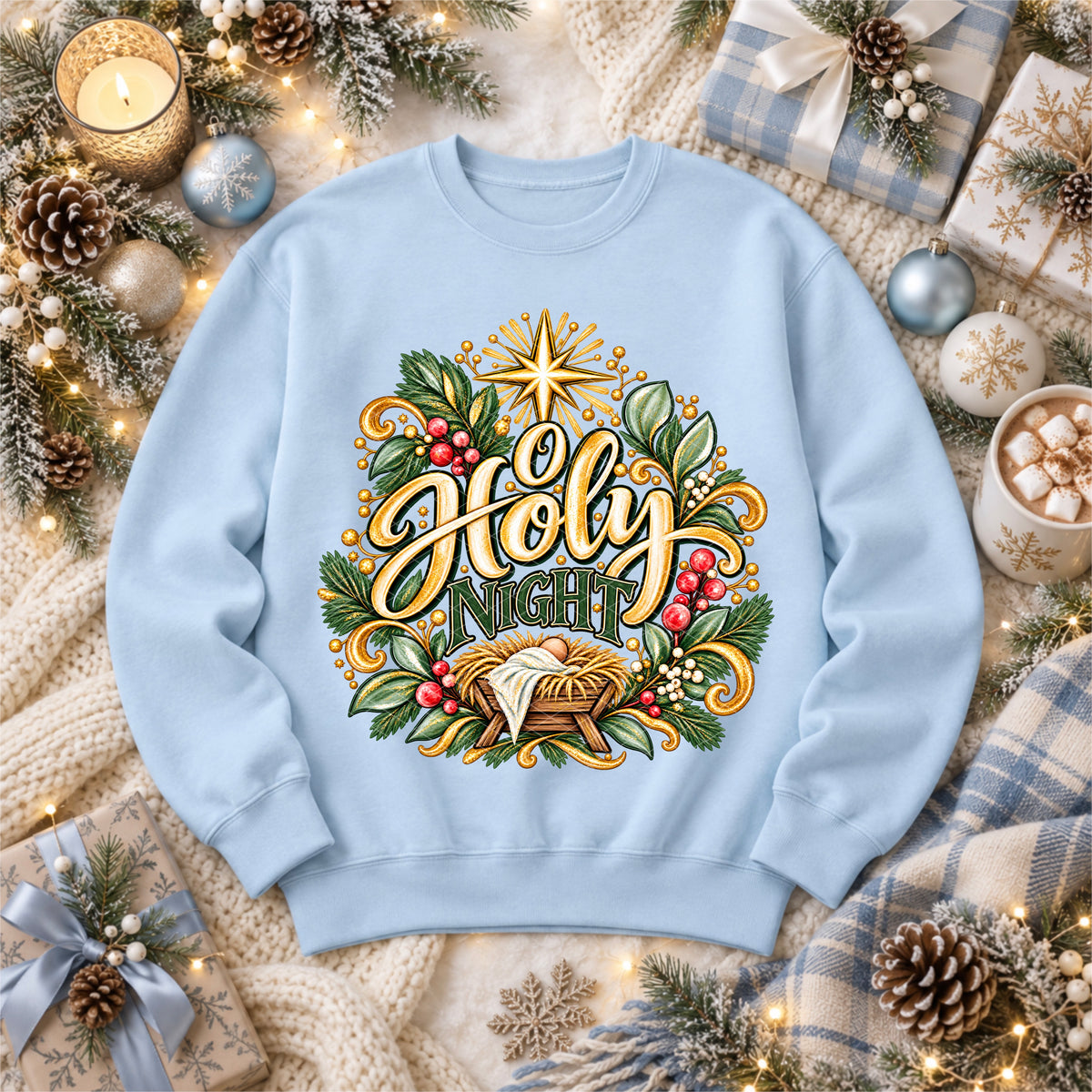 O holy night circle with shining star and holly berries (SDD) DTF Transfer