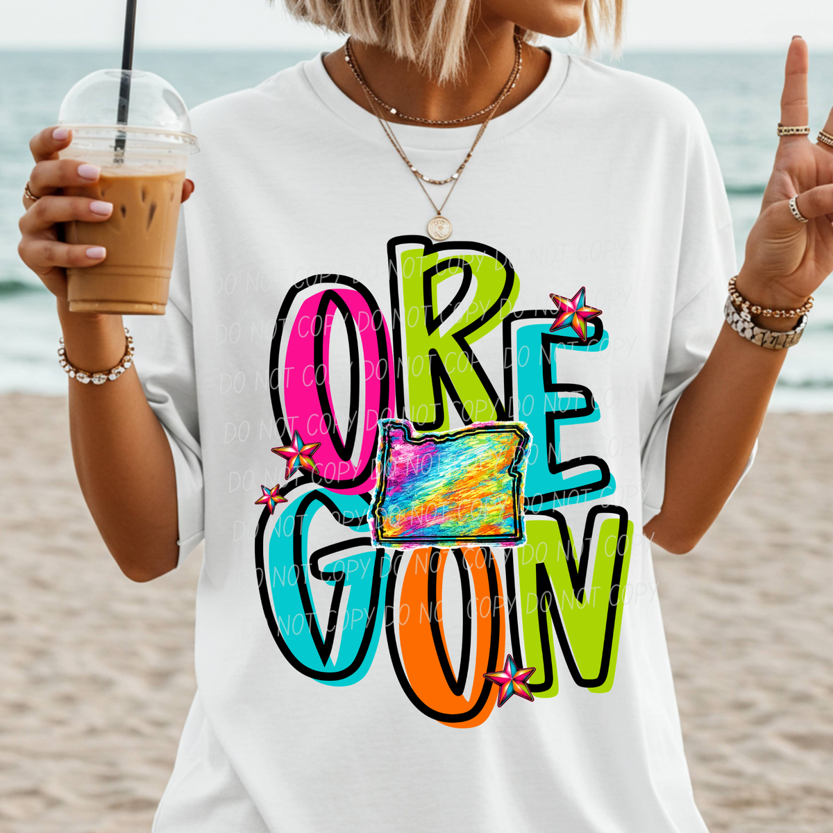 oregon neon rainbow stacked font (city) DTF transfer