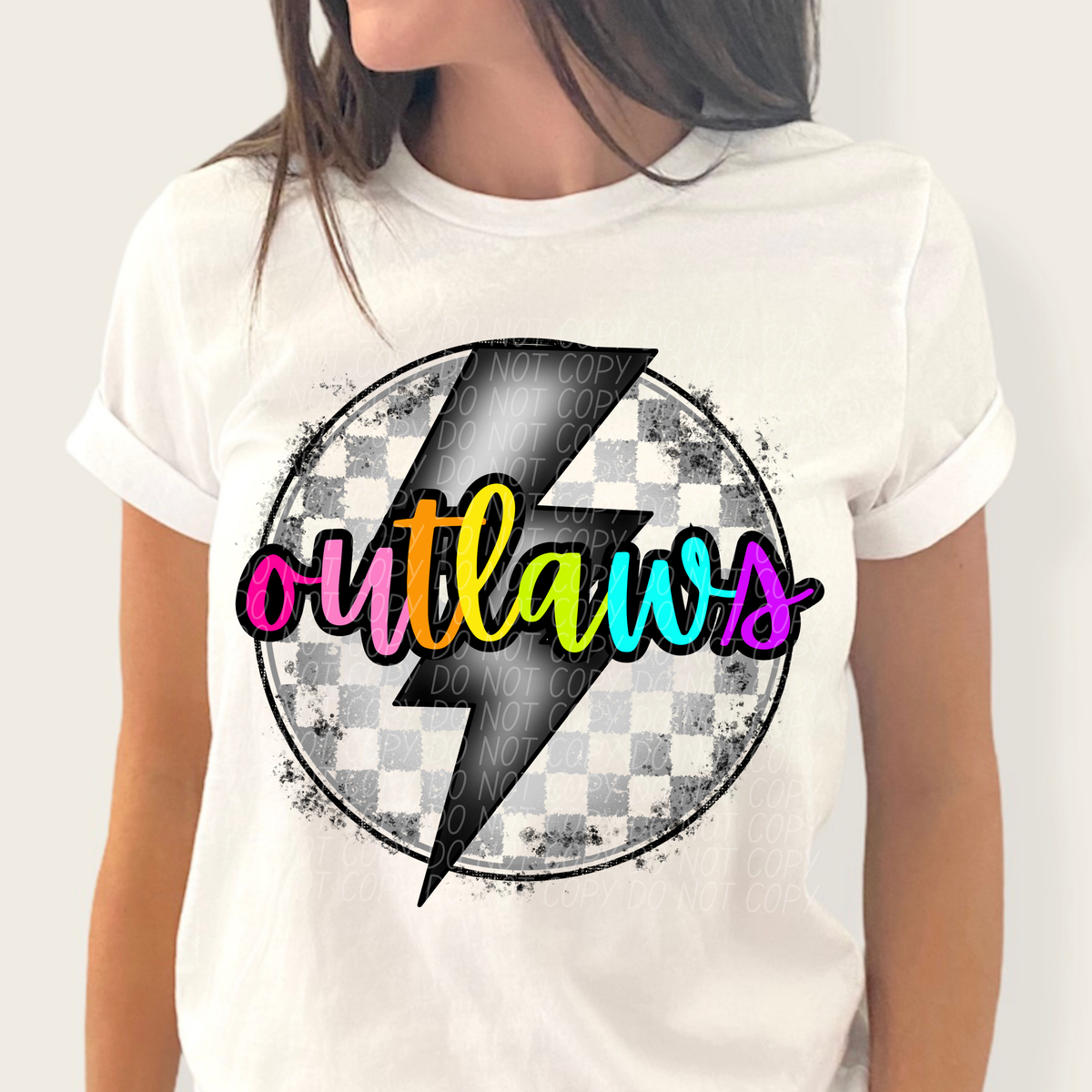 Outlaws BRIGHT COLORS FONT lightning bolt circle CITY DTF transfer