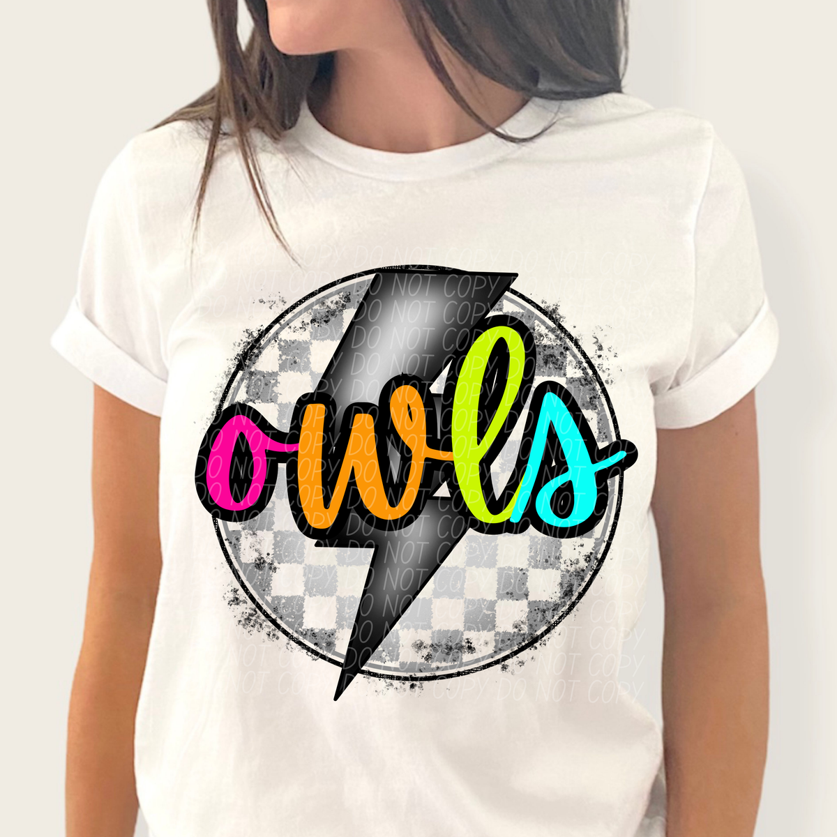 Owls BRIGHT COLORS FONT lightning bolt circle CITY DTF transfer