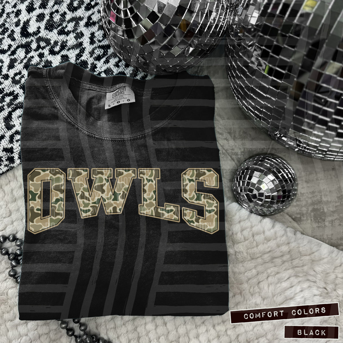 Owls faux glitter camo arched (Caplinger) DTF transfer
