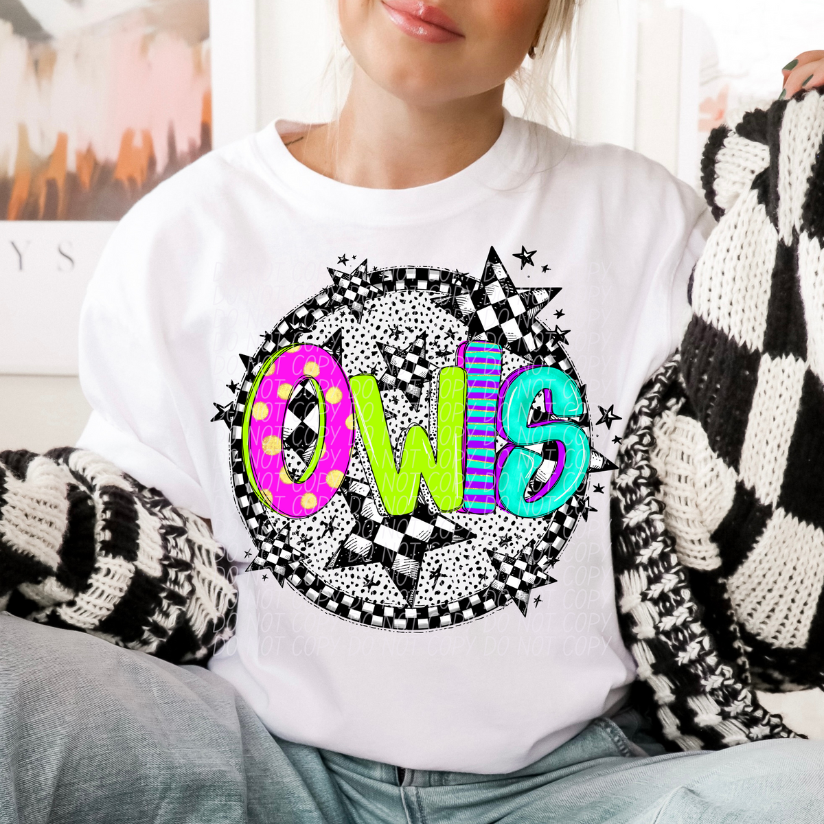 Owls neon checkered CITY DTF transfers