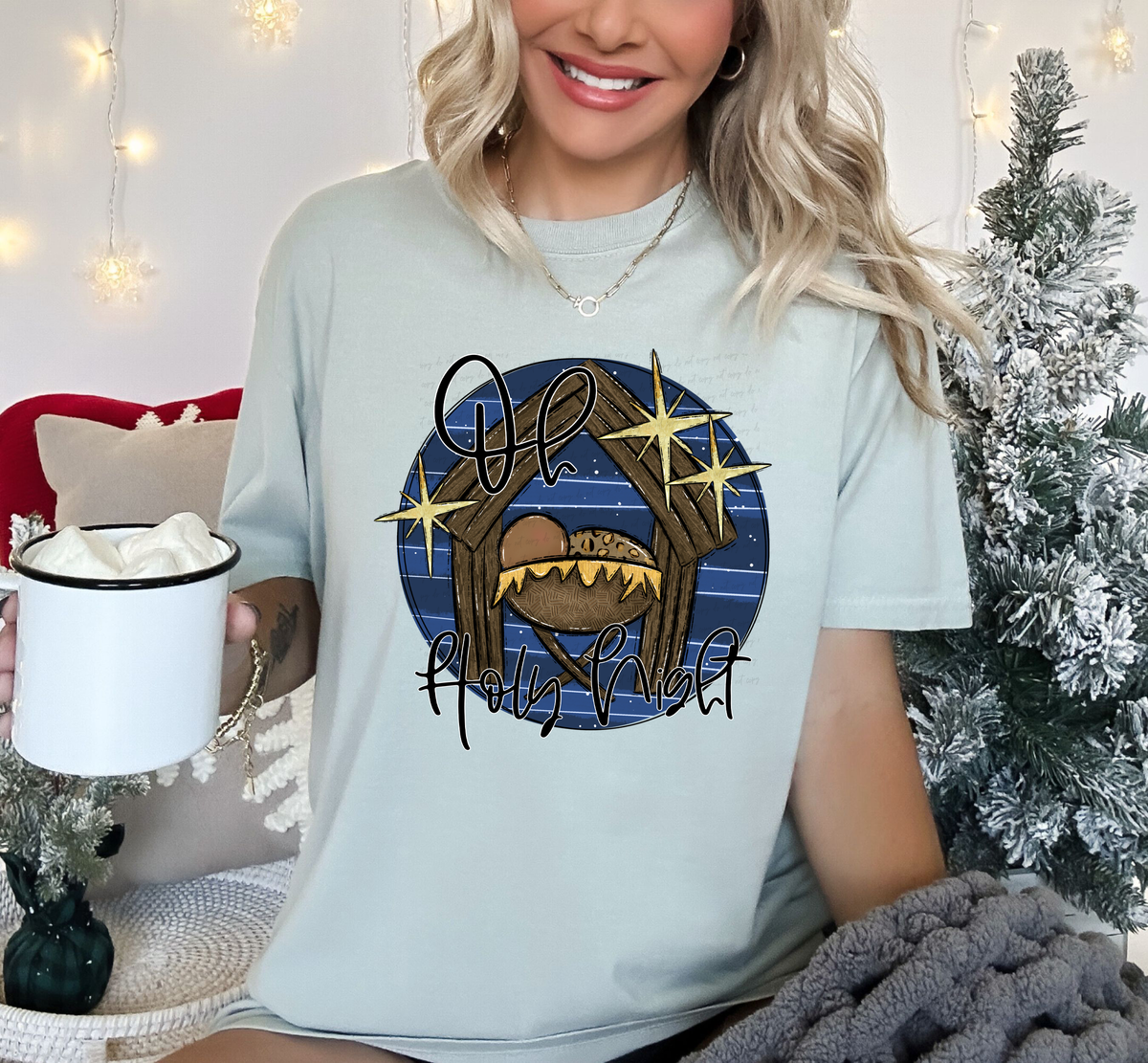 Oh Holy Night Blue Circle Manger Dark Skin Tone Baby 115688 DTF Transfer