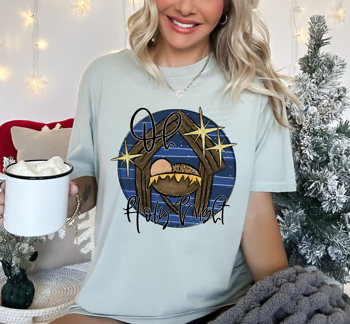 Oh Holy Night Blue Circle Manger Light Skin Tone Baby 115690 DTF Transfer