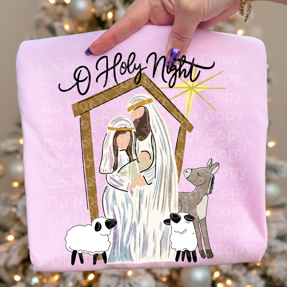 O holy night faux watercolor manger BLACK (Irene) DTF Transfer