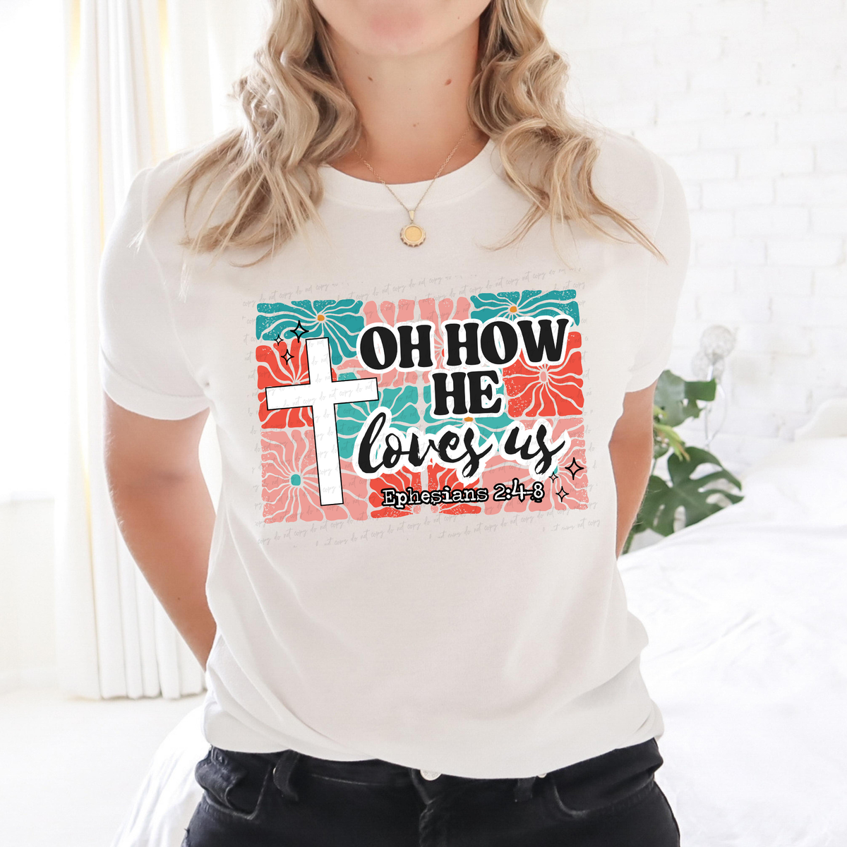 Oh How He Loves Us Floral Cross 117701 DTF transfer